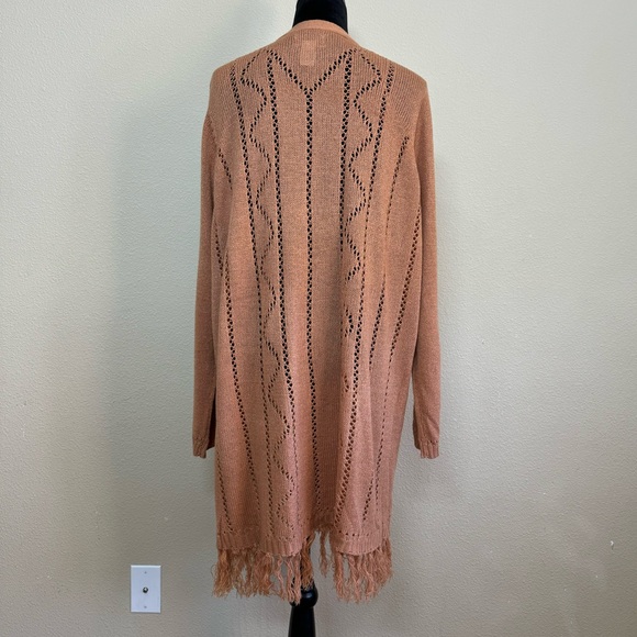 CW Classics top women 1X long sleeve open front textured cardigan tasseled tan - Picture 2 of 8